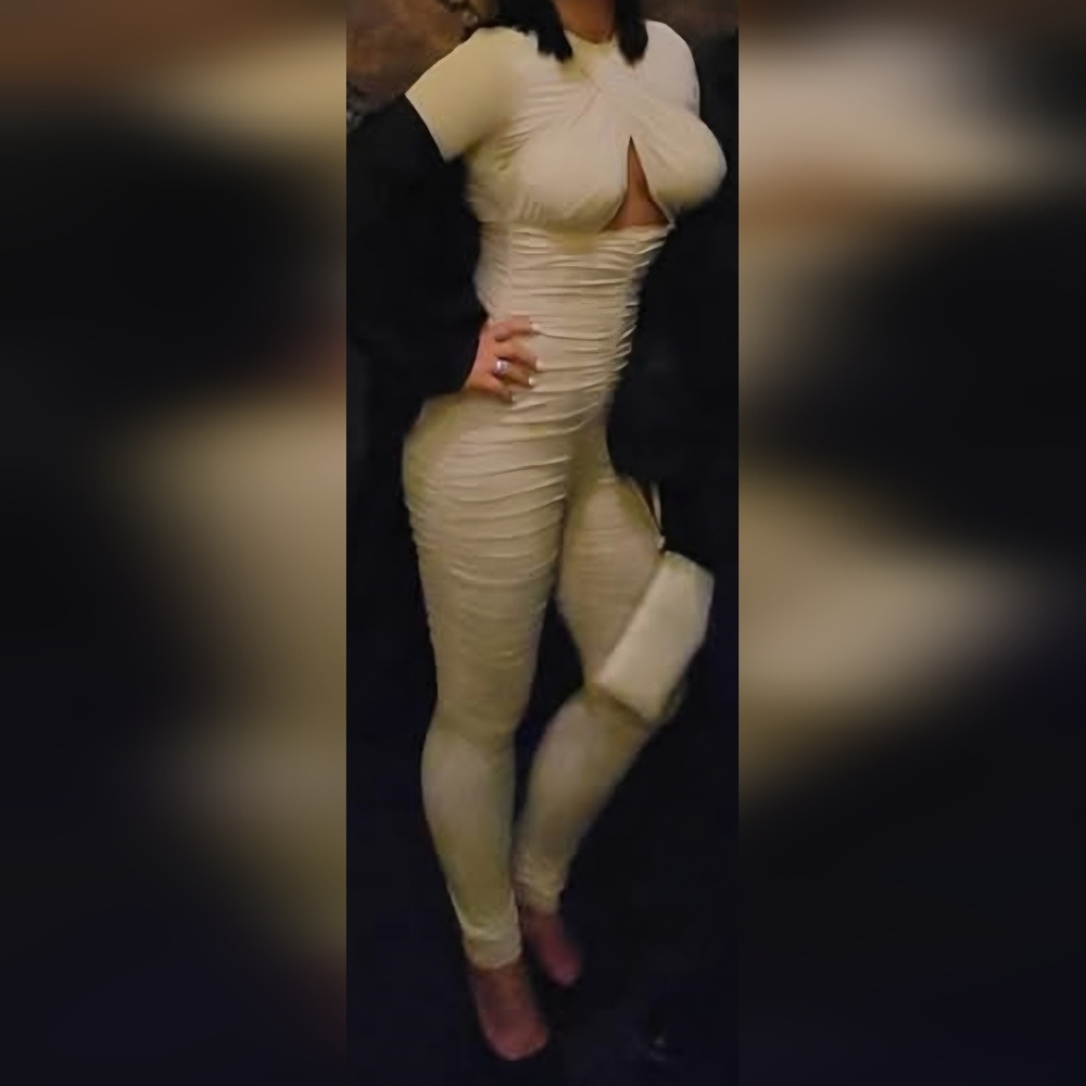 AKIRA Tan Long Sleeve Ruched Jumpsuit